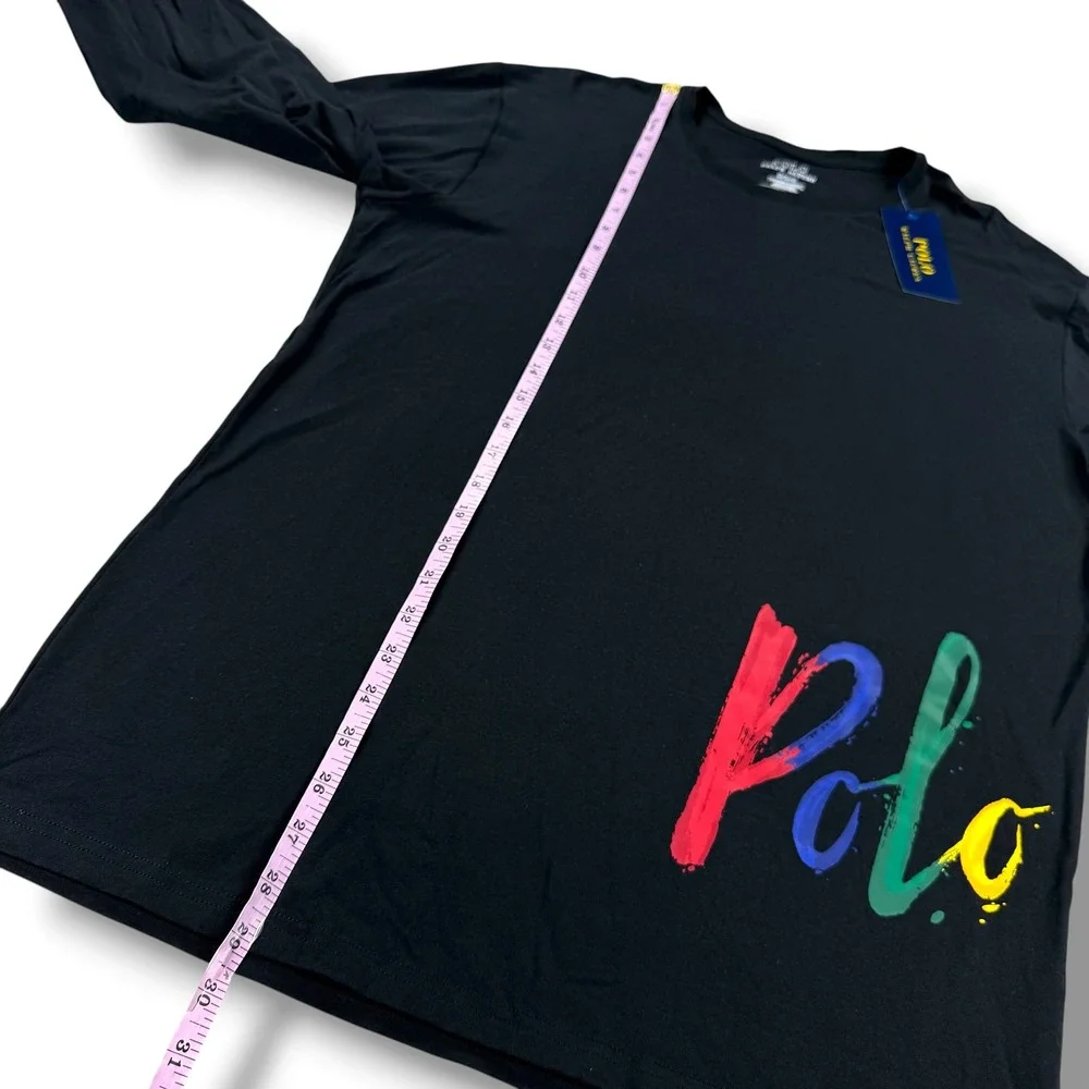 Polo‎ Ralph Lauren Mens Black Long Sleeve Rainbow Script Logo Graphic T-Shirt M